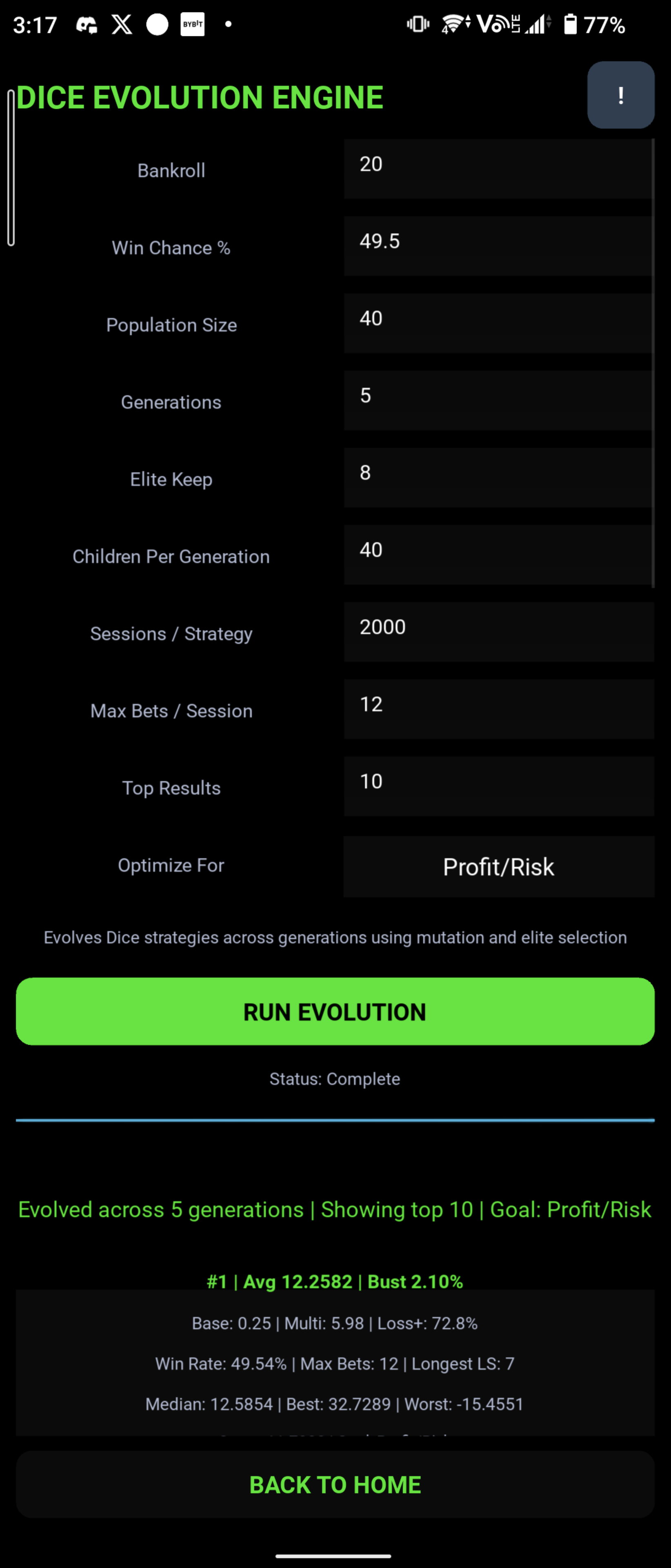 Dice Evolution Engine